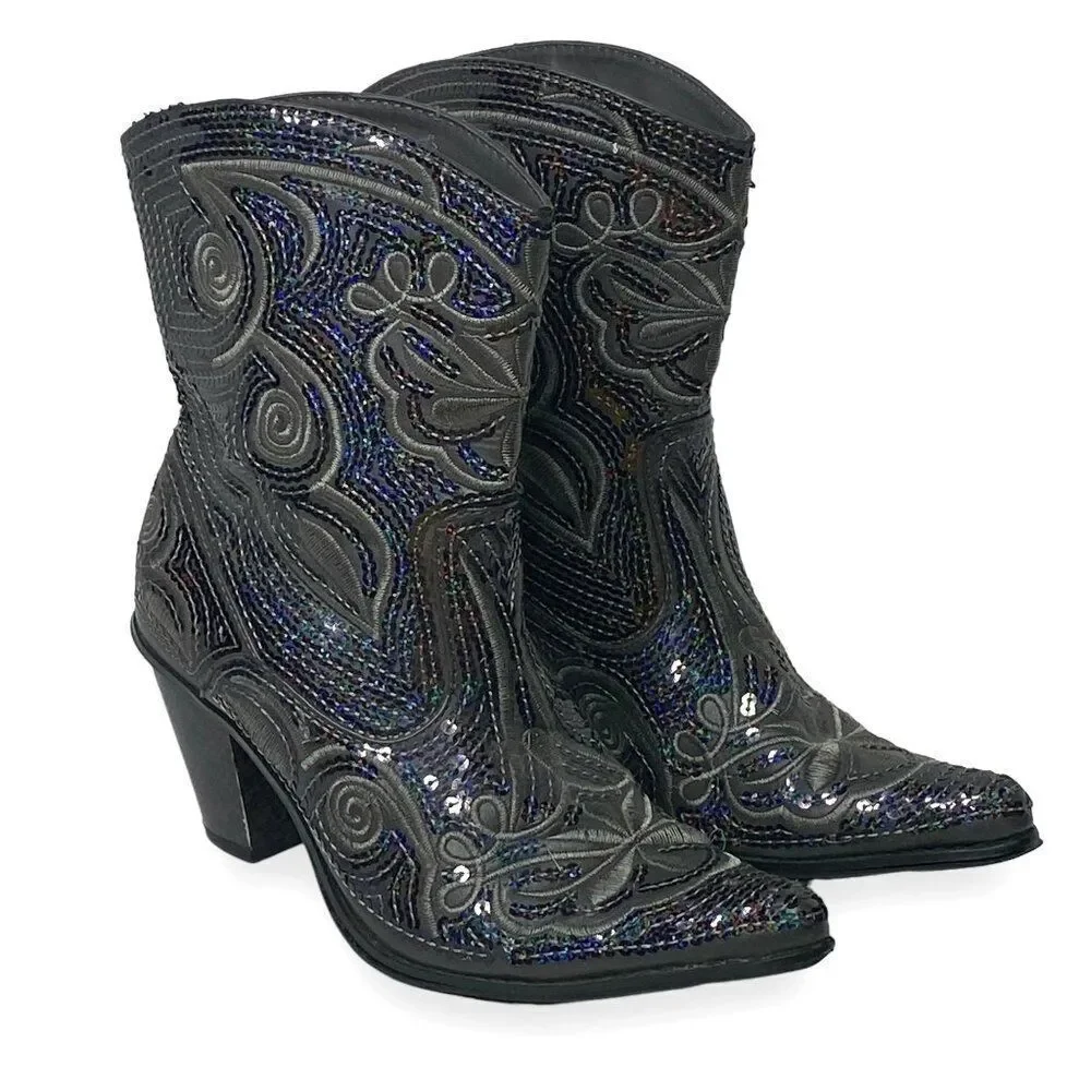 Helen's Heart Women’s Gray Black Sequin Western Boot Size 8